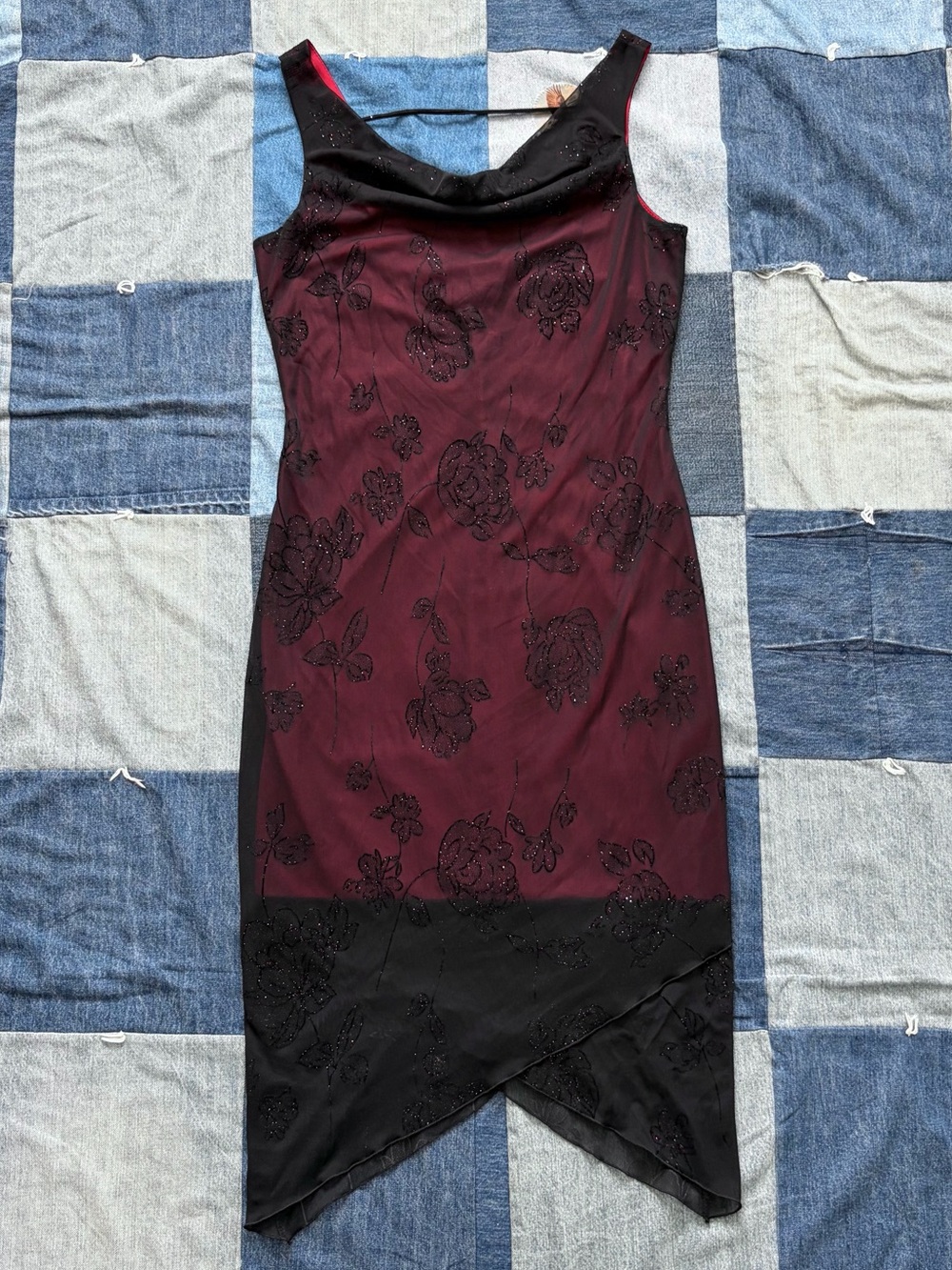 vintage byer too! black red dress sheer vamp asymmetrical hem glitter size M